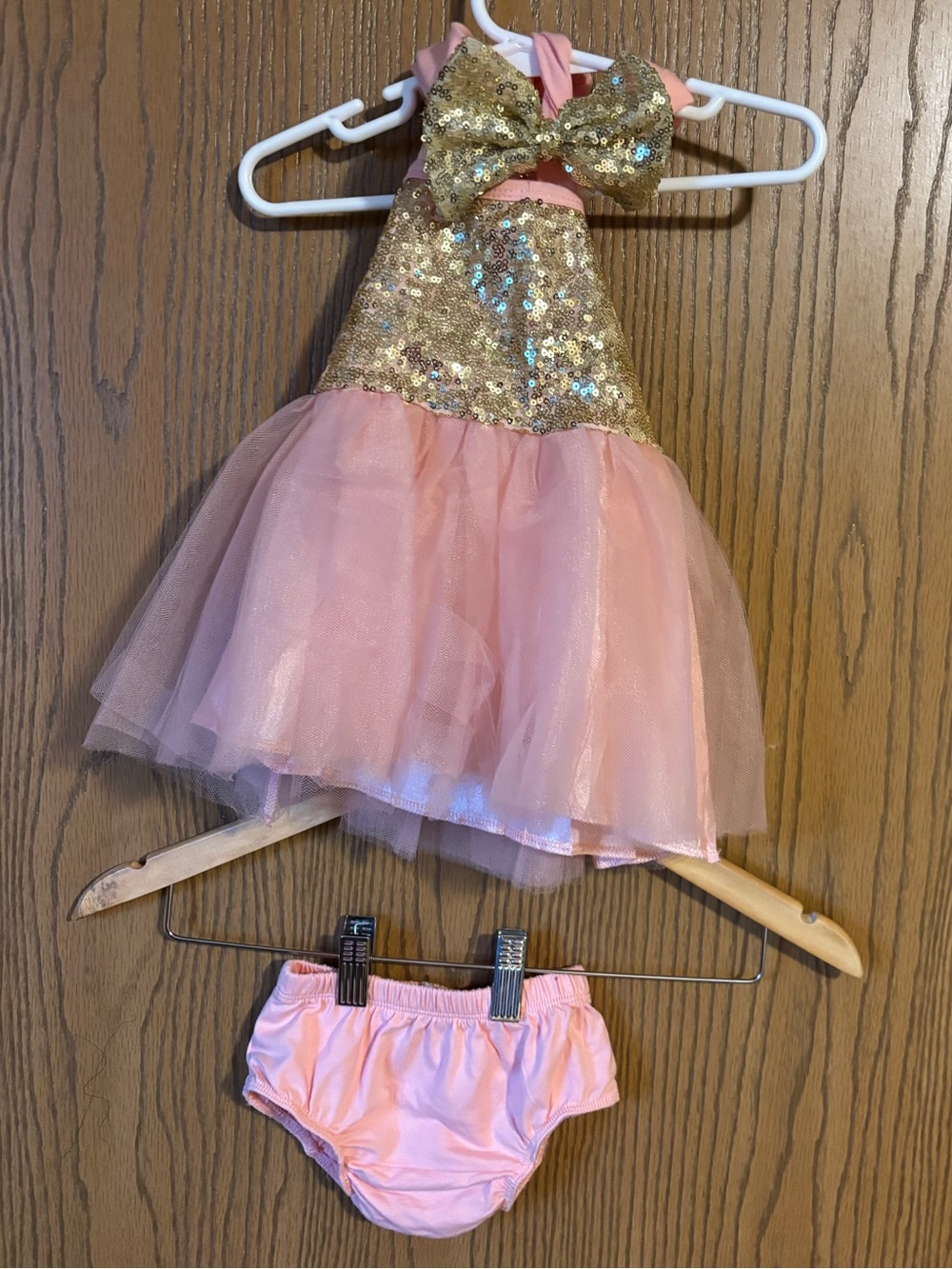 Baby Girls Gold & Pink Tulle Party Costume Dress, Diaper Cover & Headband Bow